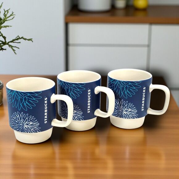Starbucks 2016 Blue Chrysanthemum Stackable Mugs Set of 3 – 12 oz Flowers - Picture 2 of 9